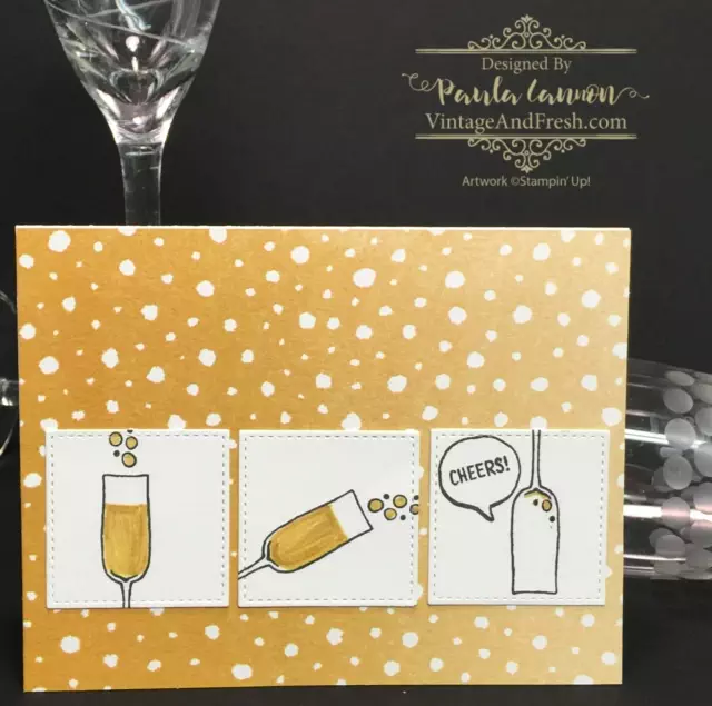 Champagne Cheers card by Paula Cannon using the Mixed Drinks stamp set. Celebrate the new year with this fun card and more at VintageandFresh.com