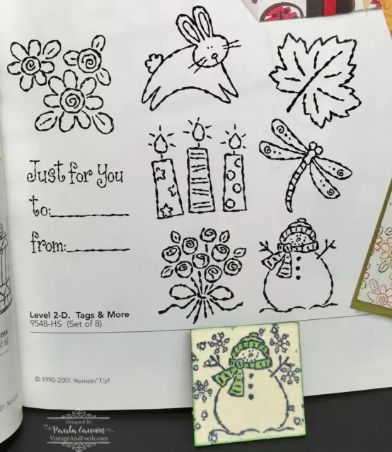 Snowman pin by Paula Cannon using Tags & More stamp set from the 2002 Stampin' Up! catalog.