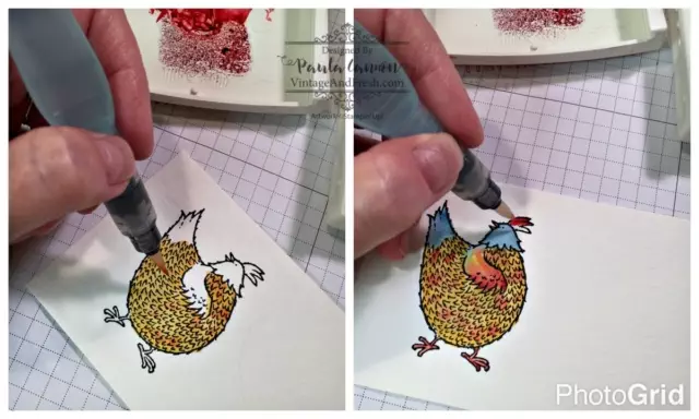 Close-up of watercolor technique on Hey, Chick card by Paula Cannon.