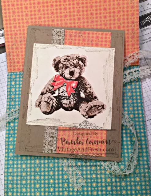 Card using Baby Bear and Timeless Texture stamp sets in a vintage style. Created by Paula Cannon for www.vintageandfresh.com