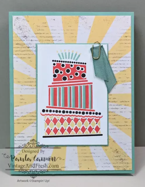 Card using Cake Crazy Stampin' Up! stamp set in color combo of Calypso Coral, So Saffron, Mint Macaron and Early Espresso. Designed by Paula Cannon for VintageandFresh.com