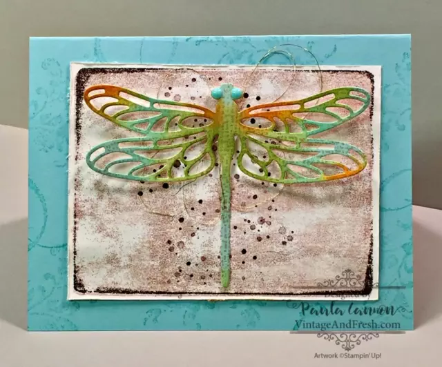 Card using Stampin' Up! Dragonfly Dreams stamps and Detailed Dragonfly Thinlits with a vintage style by Paula Cannon for www.vintageandfresh.com