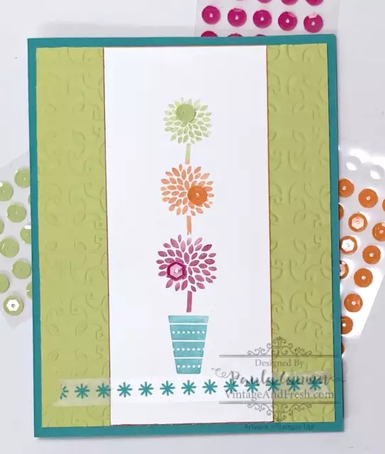 Tutti-frutti topiary tree card using Stampin' Up! Vertical Greetings stamp set. Designed by Paula Cannon for VintageandFresh.com.