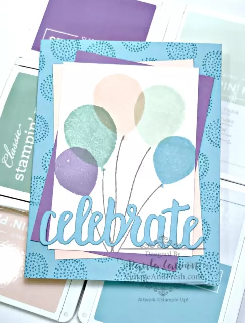 Card using Balloon Celebration stamp set from Stampin' Up! using new Subtles colors. Designed by Paula Cannon for Vintage & Fresh.