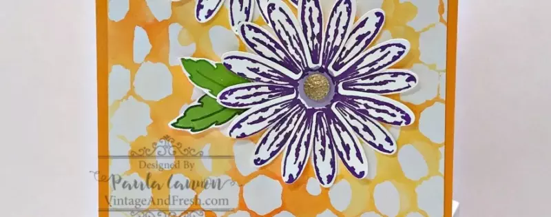Daisy Delight card by Paula Cannon for Vintage & Fresh featuring 2018 Stampin' Up! Color Revamp colors with Brusho Crystals background.