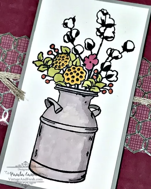 Detail of milk can and flowers colored with Stampin' Blends alcohol markers.
