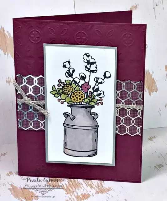 Card by Paula Cannon for Vintage and Fresh featuring milk can image from Country Home stamp set, colored with Blends