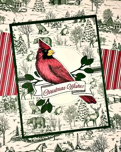 Card with Toile Christmas stamp set by Stampin' Up! featuring cardinal on green Toile Tidings papers.