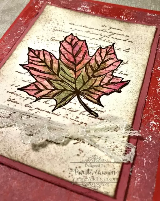 Close-up of leaf image colored with watercolor pencils for a vintage card from Paula Cannon
