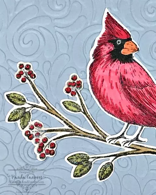 Detail of glittered portion of card featuring the cardinal from Toile Christmas stamp set