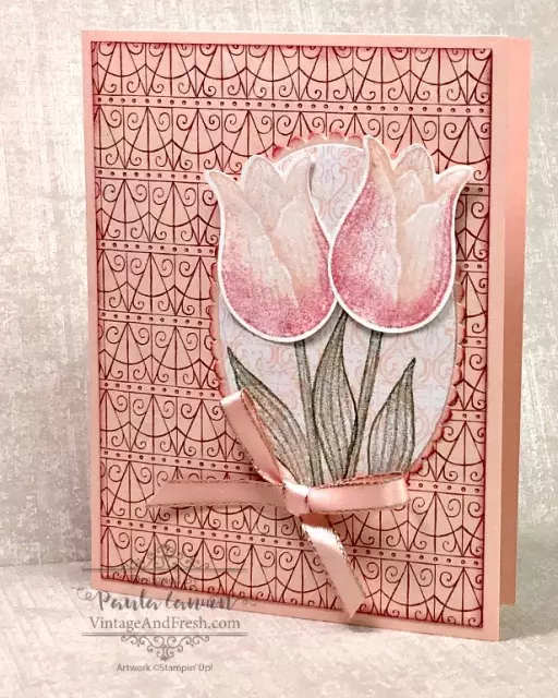 Card featuring Timeless Tulip stamps from Stampin' Up! on a Parisian Blossoms DSP background.