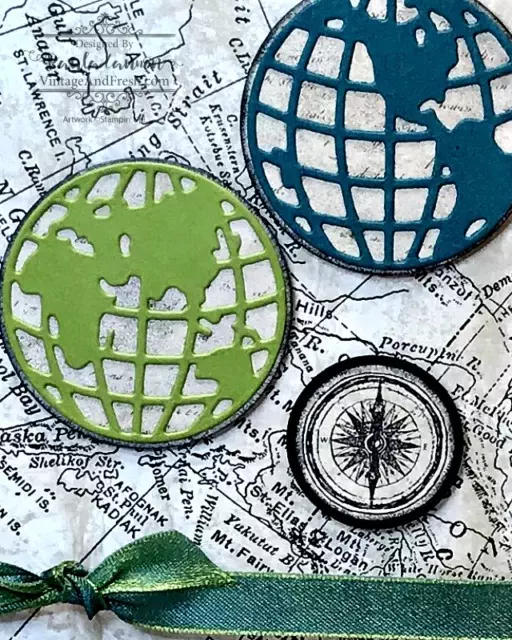 detail of card with World Map dies and Beautiful World stamps