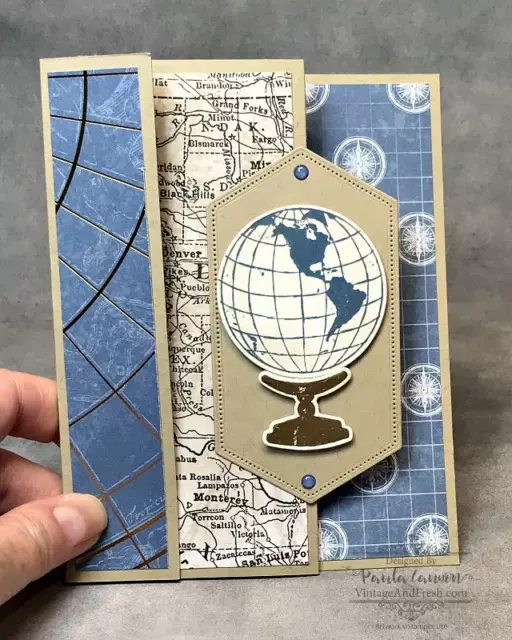 Card closed view of triple panel fun fold card using Beautiful World stamp set