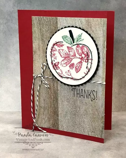 A simple thank you card using the Harvest Hellos apple and Toile Tidings DSP