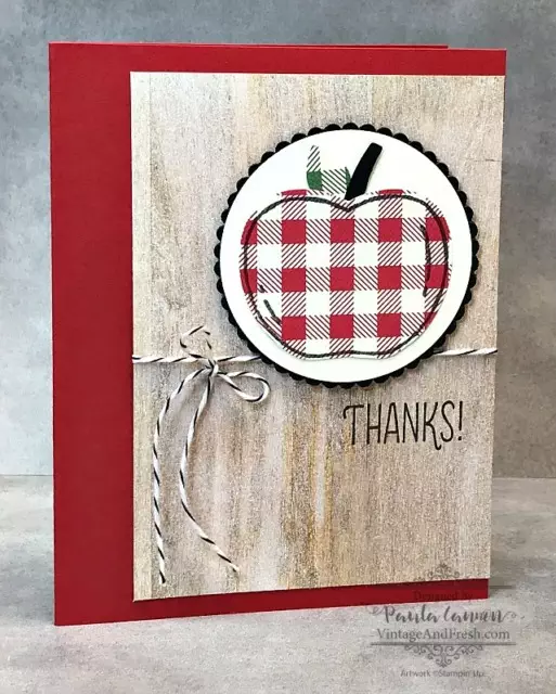 A simple thank you card with a red plaid apple